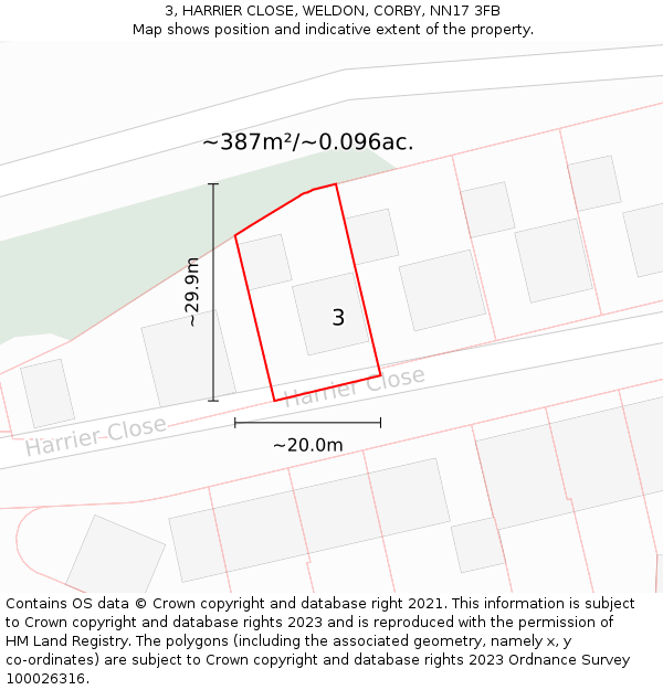 3, HARRIER CLOSE, WELDON, CORBY, NN17 3FB: Plot and title map