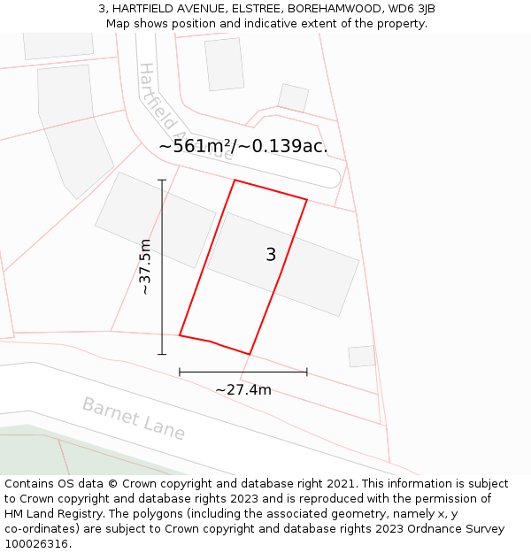 3, HARTFIELD AVENUE, ELSTREE, BOREHAMWOOD, WD6 3JB: Plot and title map