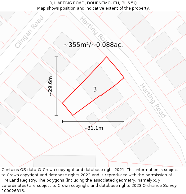 3, HARTING ROAD, BOURNEMOUTH, BH6 5QJ: Plot and title map