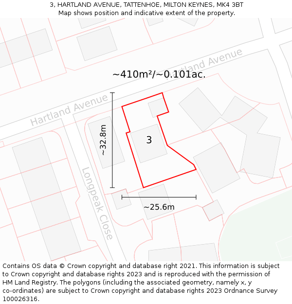 3, HARTLAND AVENUE, TATTENHOE, MILTON KEYNES, MK4 3BT: Plot and title map