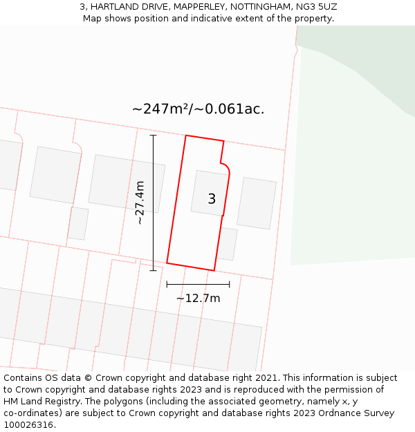 3, HARTLAND DRIVE, MAPPERLEY, NOTTINGHAM, NG3 5UZ: Plot and title map