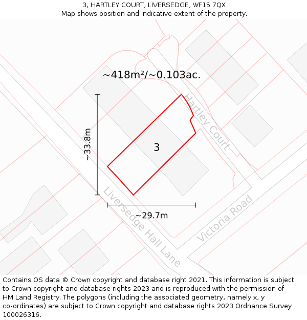 3, HARTLEY COURT, LIVERSEDGE, WF15 7QX: Plot and title map