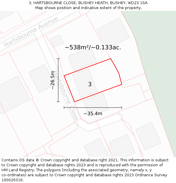3, HARTSBOURNE CLOSE, BUSHEY HEATH, BUSHEY, WD23 1SA: Plot and title map