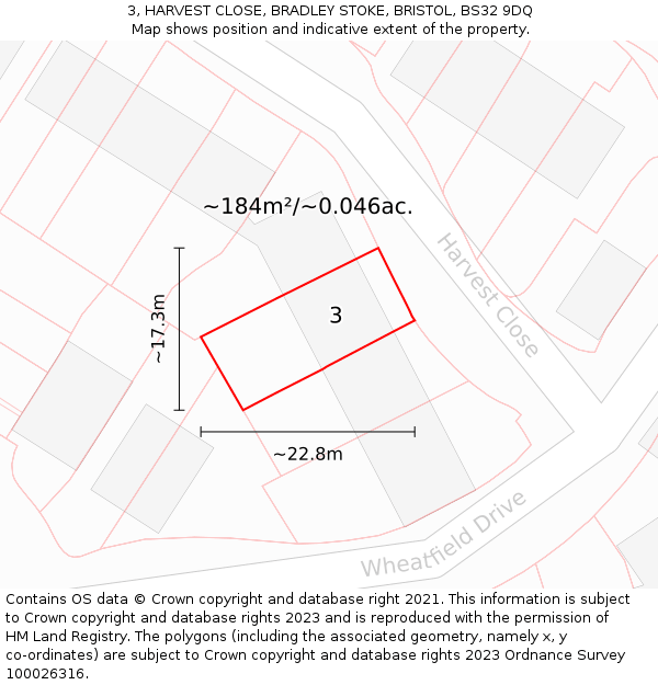 3, HARVEST CLOSE, BRADLEY STOKE, BRISTOL, BS32 9DQ: Plot and title map