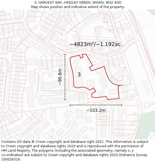 3, HARVEST WAY, HINDLEY GREEN, WIGAN, WN2 4GD: Plot and title map