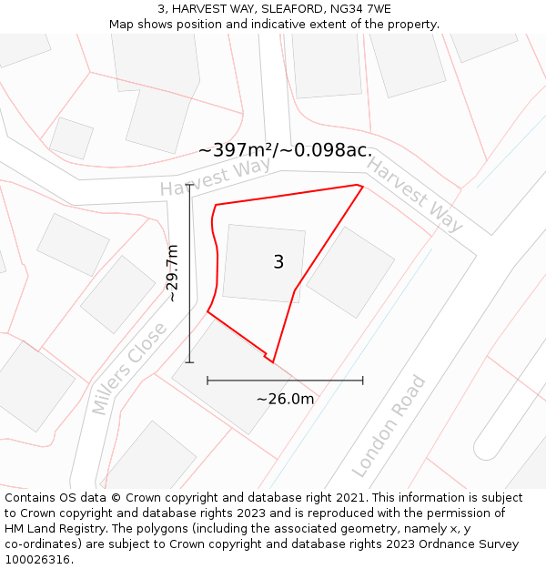 3, HARVEST WAY, SLEAFORD, NG34 7WE: Plot and title map