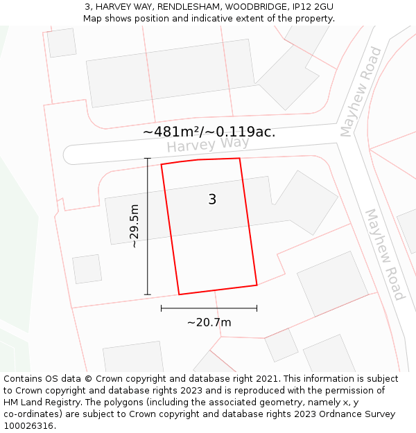 3, HARVEY WAY, RENDLESHAM, WOODBRIDGE, IP12 2GU: Plot and title map