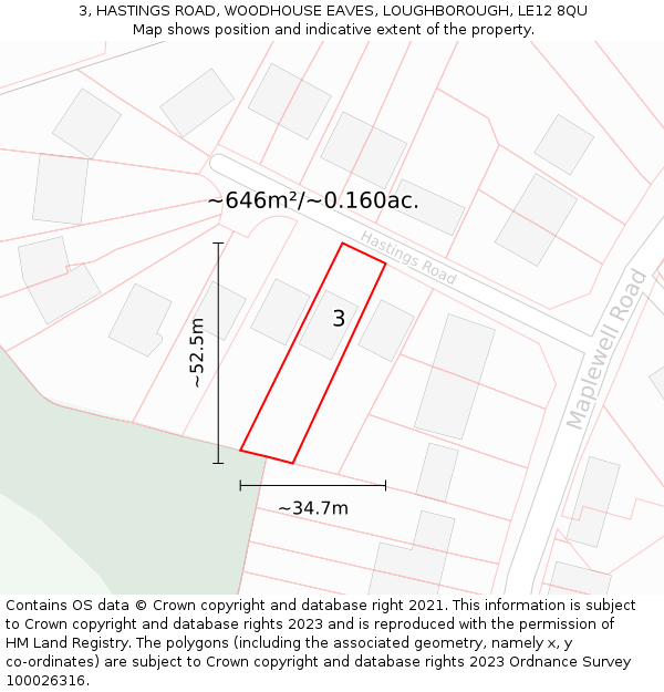 3, HASTINGS ROAD, WOODHOUSE EAVES, LOUGHBOROUGH, LE12 8QU: Plot and title map