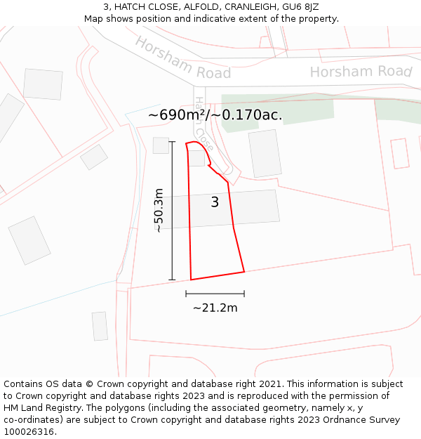 3, HATCH CLOSE, ALFOLD, CRANLEIGH, GU6 8JZ: Plot and title map