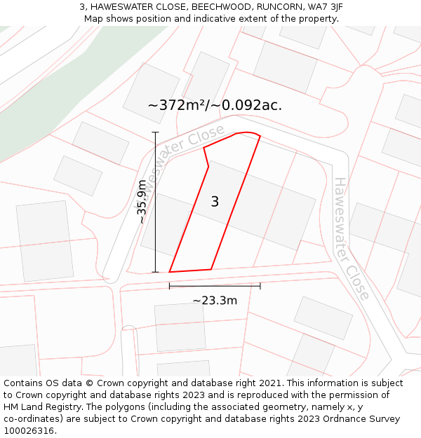 3, HAWESWATER CLOSE, BEECHWOOD, RUNCORN, WA7 3JF: Plot and title map