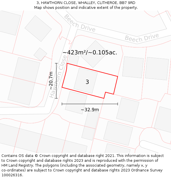 3, HAWTHORN CLOSE, WHALLEY, CLITHEROE, BB7 9RD: Plot and title map