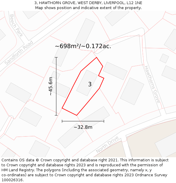 3, HAWTHORN GROVE, WEST DERBY, LIVERPOOL, L12 1NE: Plot and title map