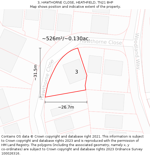 3, HAWTHORNE CLOSE, HEATHFIELD, TN21 8HP: Plot and title map