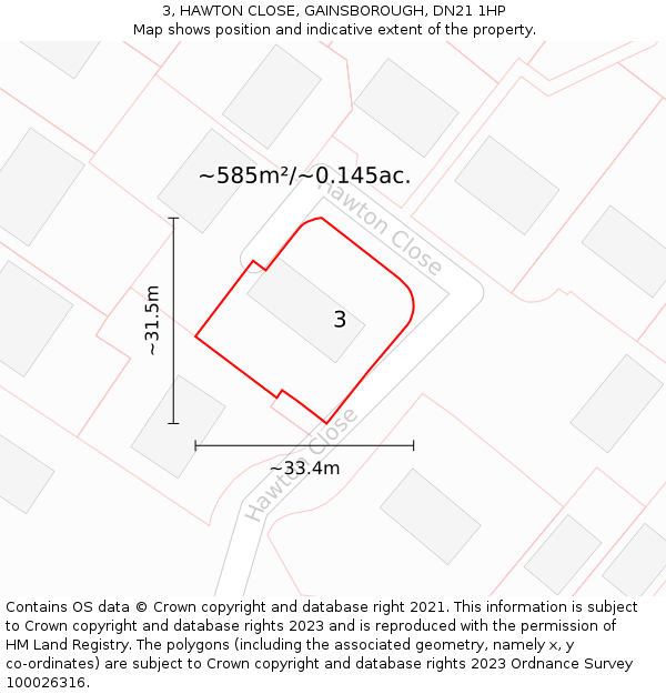 3, HAWTON CLOSE, GAINSBOROUGH, DN21 1HP: Plot and title map