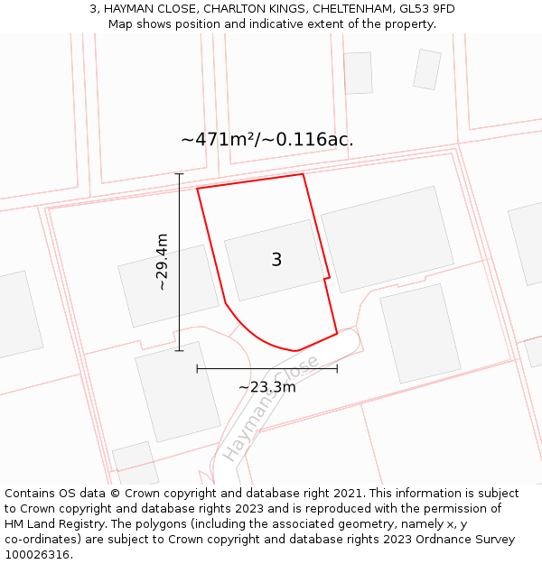 3, HAYMAN CLOSE, CHARLTON KINGS, CHELTENHAM, GL53 9FD: Plot and title map