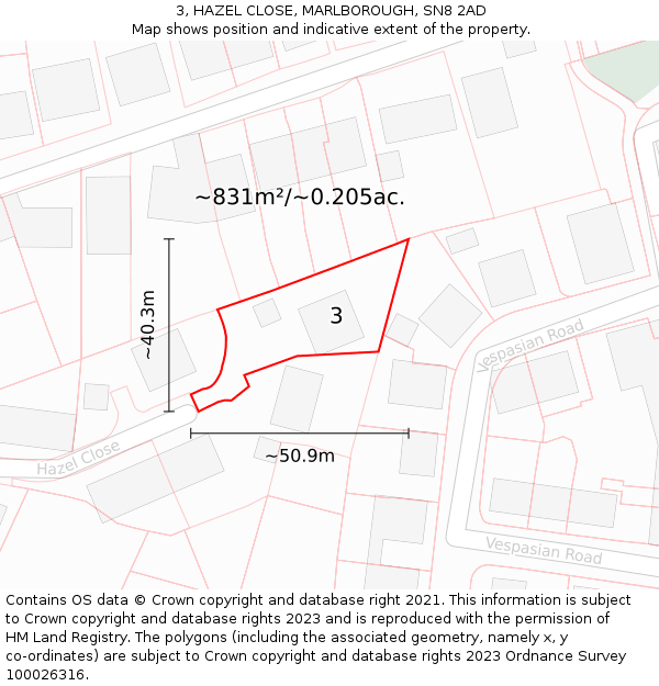 3, HAZEL CLOSE, MARLBOROUGH, SN8 2AD: Plot and title map