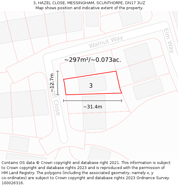 3, HAZEL CLOSE, MESSINGHAM, SCUNTHORPE, DN17 3UZ: Plot and title map