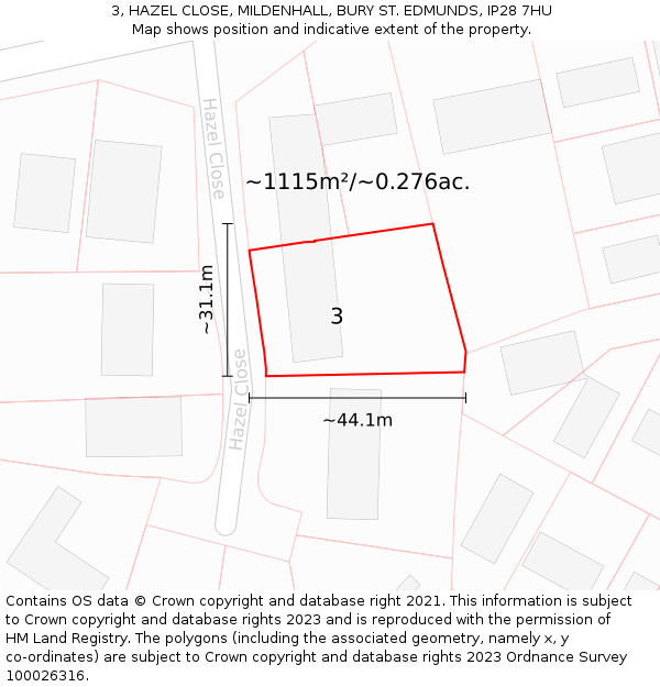 3, HAZEL CLOSE, MILDENHALL, BURY ST. EDMUNDS, IP28 7HU: Plot and title map