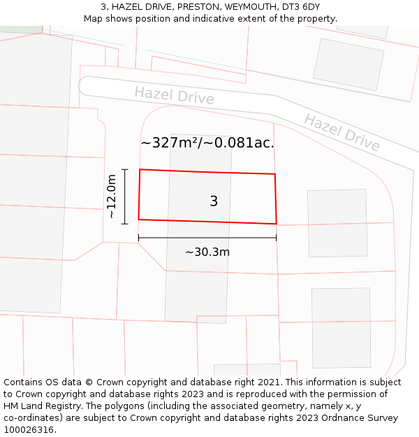 3, HAZEL DRIVE, PRESTON, WEYMOUTH, DT3 6DY: Plot and title map