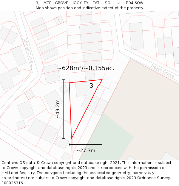 3, HAZEL GROVE, HOCKLEY HEATH, SOLIHULL, B94 6QW: Plot and title map