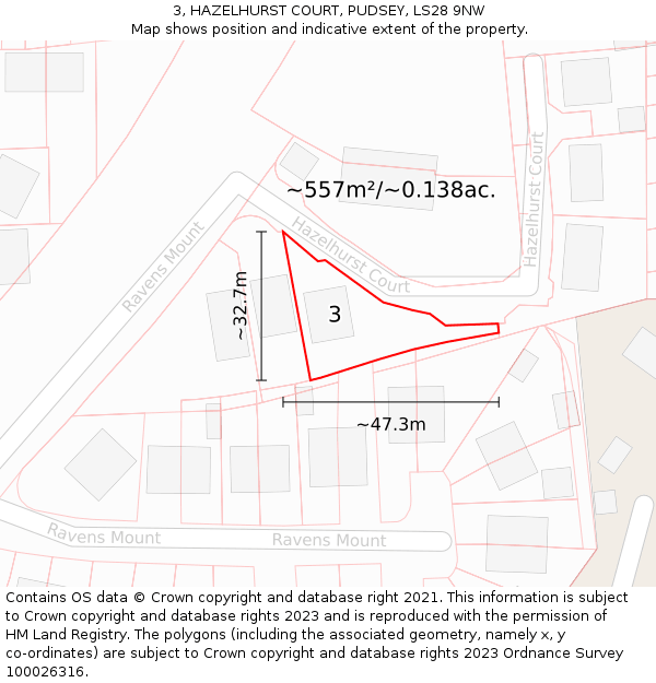 3, HAZELHURST COURT, PUDSEY, LS28 9NW: Plot and title map