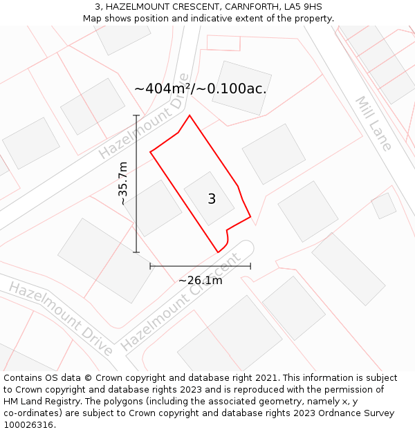 3, HAZELMOUNT CRESCENT, CARNFORTH, LA5 9HS: Plot and title map