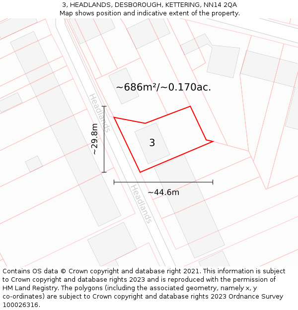 3, HEADLANDS, DESBOROUGH, KETTERING, NN14 2QA: Plot and title map