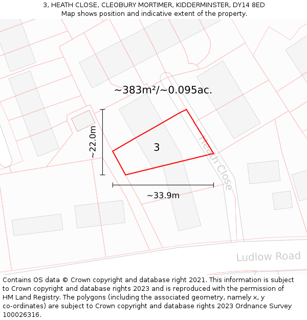 3, HEATH CLOSE, CLEOBURY MORTIMER, KIDDERMINSTER, DY14 8ED: Plot and title map