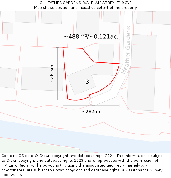 3, HEATHER GARDENS, WALTHAM ABBEY, EN9 3YF: Plot and title map