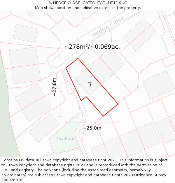 3, HEDGE CLOSE, GATESHEAD, NE11 9UG: Plot and title map