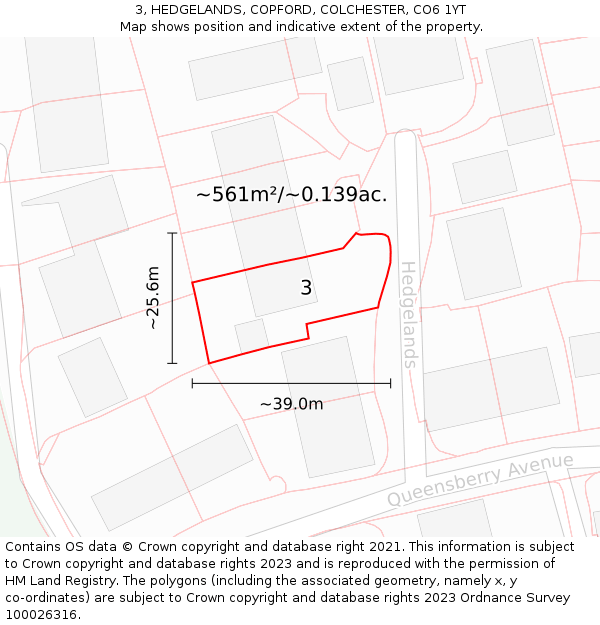 3, HEDGELANDS, COPFORD, COLCHESTER, CO6 1YT: Plot and title map