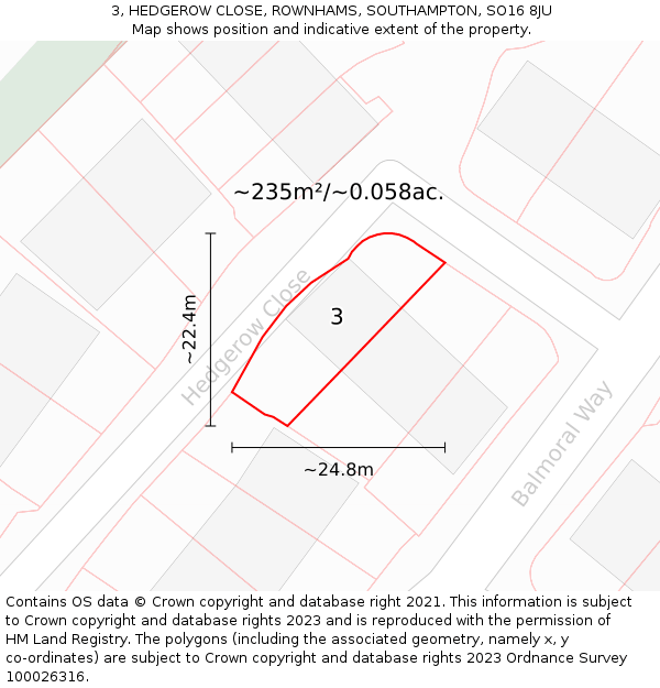 3, HEDGEROW CLOSE, ROWNHAMS, SOUTHAMPTON, SO16 8JU: Plot and title map
