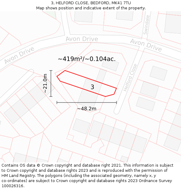 3, HELFORD CLOSE, BEDFORD, MK41 7TU: Plot and title map
