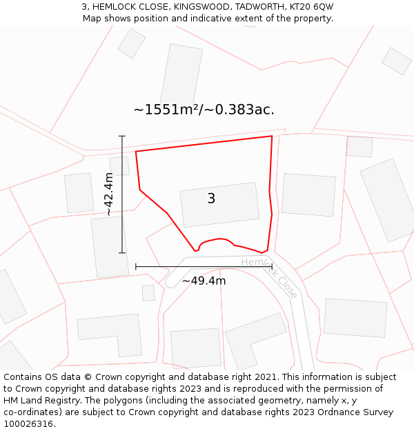 3, HEMLOCK CLOSE, KINGSWOOD, TADWORTH, KT20 6QW: Plot and title map