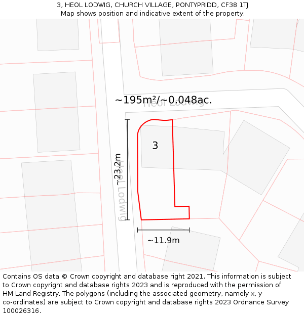 3, HEOL LODWIG, CHURCH VILLAGE, PONTYPRIDD, CF38 1TJ: Plot and title map