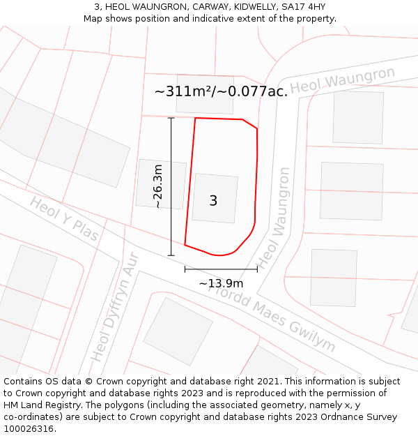 3, HEOL WAUNGRON, CARWAY, KIDWELLY, SA17 4HY: Plot and title map