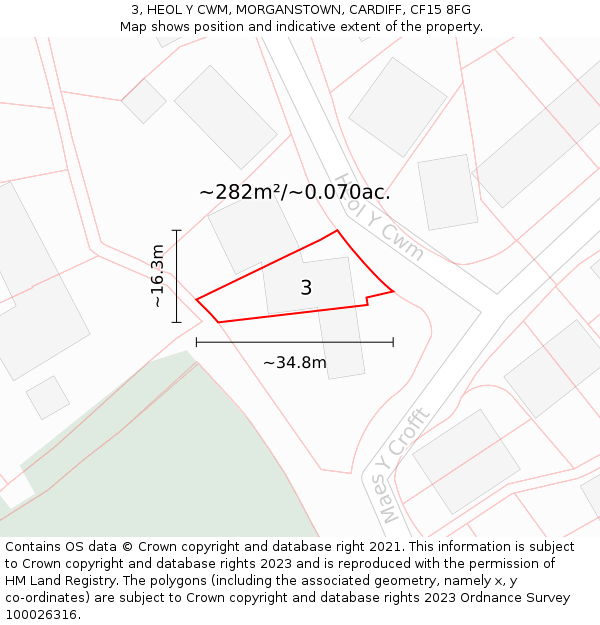 3, HEOL Y CWM, MORGANSTOWN, CARDIFF, CF15 8FG: Plot and title map