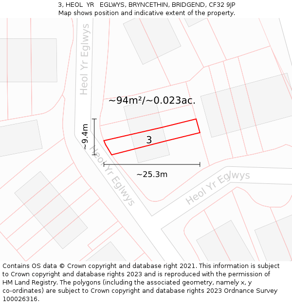 3, HEOL  YR   EGLWYS, BRYNCETHIN, BRIDGEND, CF32 9JP: Plot and title map