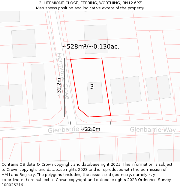 3, HERMIONE CLOSE, FERRING, WORTHING, BN12 6PZ: Plot and title map