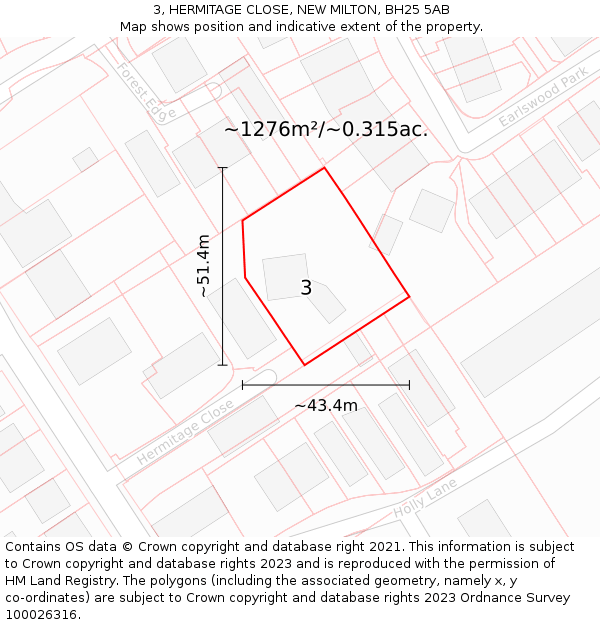 3, HERMITAGE CLOSE, NEW MILTON, BH25 5AB: Plot and title map