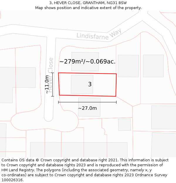 3, HEVER CLOSE, GRANTHAM, NG31 8SW: Plot and title map