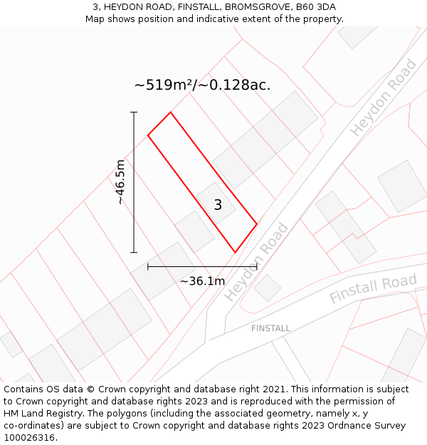 3, HEYDON ROAD, FINSTALL, BROMSGROVE, B60 3DA: Plot and title map