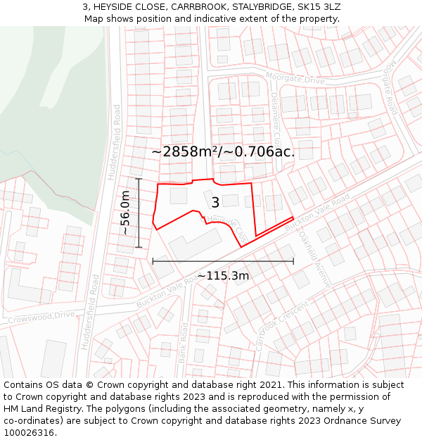 3, HEYSIDE CLOSE, CARRBROOK, STALYBRIDGE, SK15 3LZ: Plot and title map