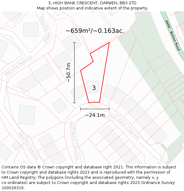 3, HIGH BANK CRESCENT, DARWEN, BB3 2TD: Plot and title map