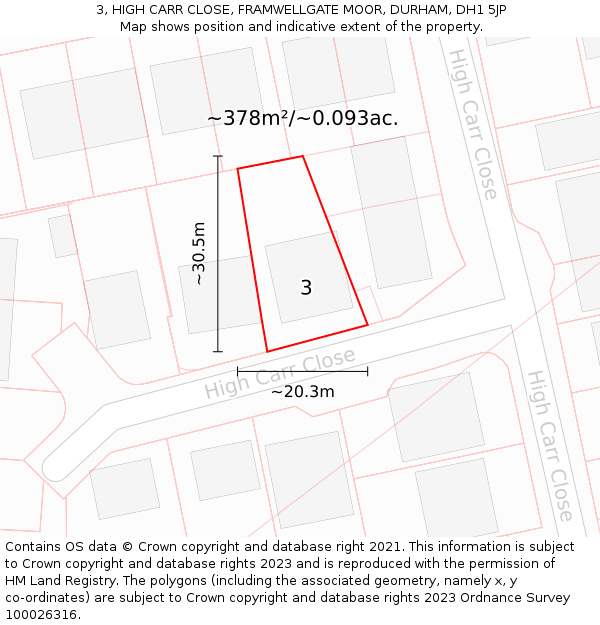 3, HIGH CARR CLOSE, FRAMWELLGATE MOOR, DURHAM, DH1 5JP: Plot and title map