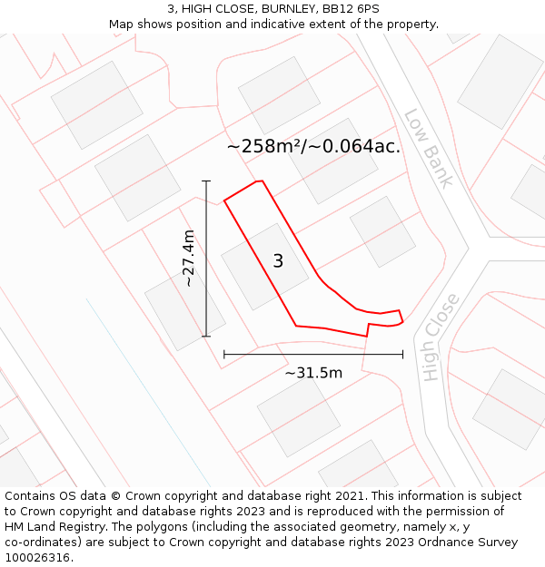 3, HIGH CLOSE, BURNLEY, BB12 6PS: Plot and title map