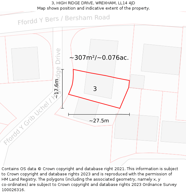 3, HIGH RIDGE DRIVE, WREXHAM, LL14 4JD: Plot and title map