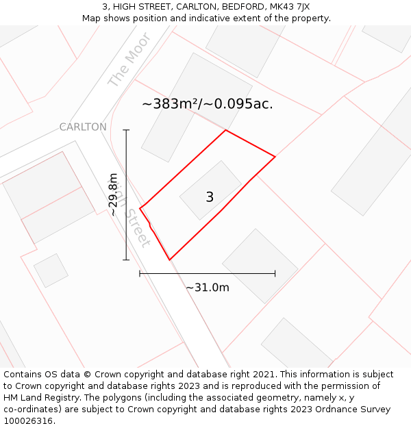 3, HIGH STREET, CARLTON, BEDFORD, MK43 7JX: Plot and title map