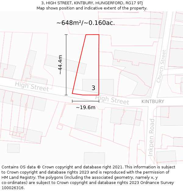 3, HIGH STREET, KINTBURY, HUNGERFORD, RG17 9TJ: Plot and title map