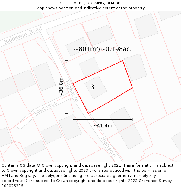 3, HIGHACRE, DORKING, RH4 3BF: Plot and title map